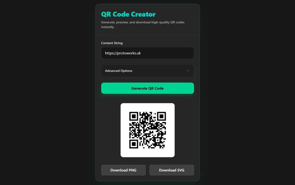 QR Code Creator with a generated QR code for https://protoworks.uk.