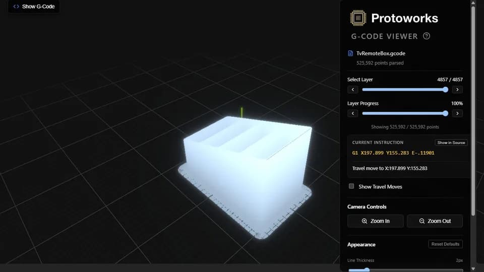G-Code Viewer displaying the 3D toolpath for the bundled TvRemoteBox.gcode example.