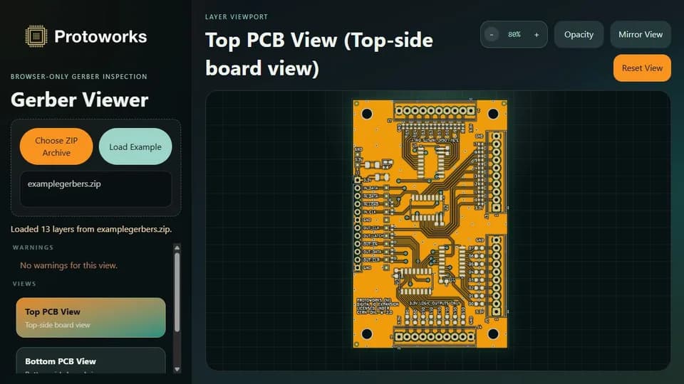 Gerber Viewer showing the top PCB view of its bundled example board, with 13 layers loaded.